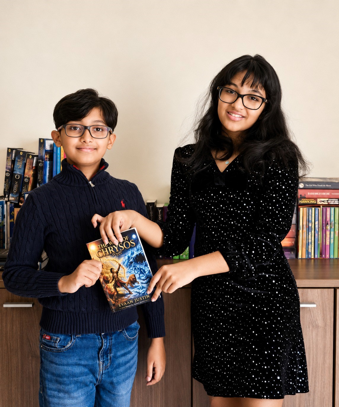 Duo: Evaan, left, with his 'editor', holding the book