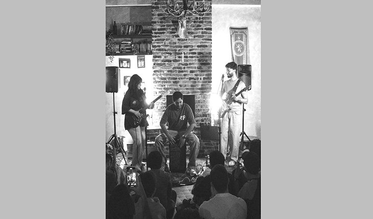 TRIO: Performing with his Extra Sauce bandmates Danah Alsaegh, left, and Isa Aljowder, centre