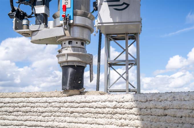 Close-up of the 3D printed concrete layers on ViliaSprint²